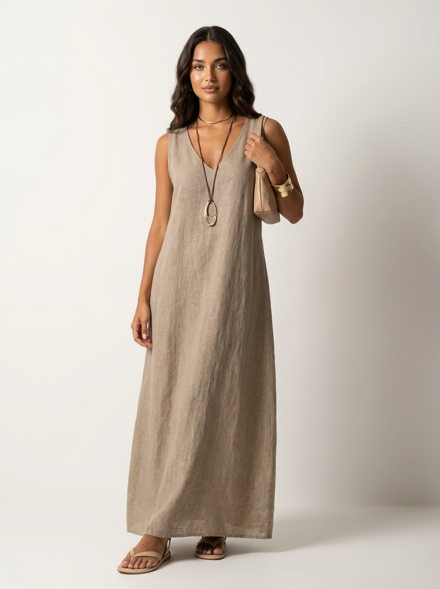Women's Airy Linen Look Maxi Dress | Elegant Sleeveless Summer Gown 0