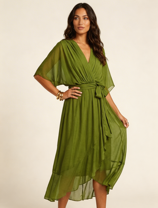 Women's Airy Midi Wrap Dress | Elegant Flowy V-Neck Evening Dress 0