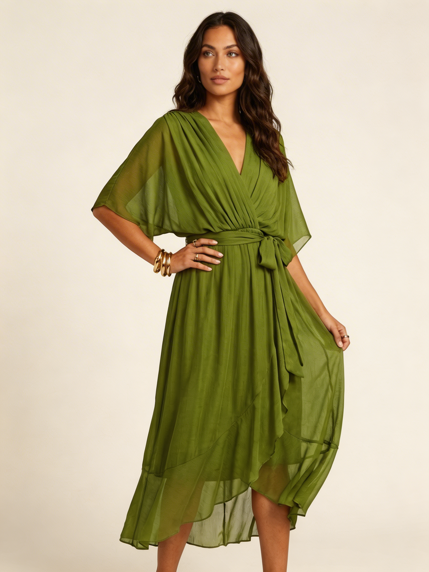 Women's Airy Midi Wrap Dress | Elegant Flowy V-Neck Evening Dress 0