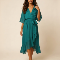Women's Airy Midi Wrap Dress | Elegant Flowy V-Neck Evening Dress 1