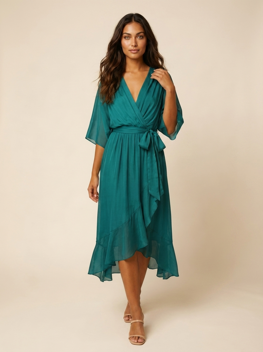 Women's Airy Midi Wrap Dress | Elegant Flowy V-Neck Evening Dress 1