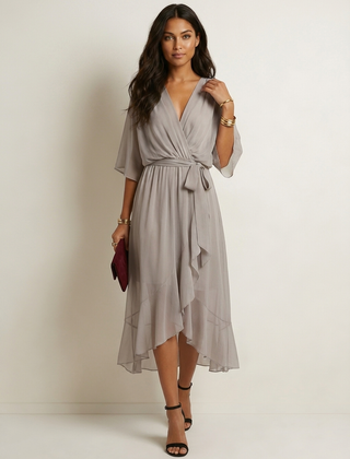Women's Airy Midi Wrap Dress | Elegant Flowy V-Neck Evening Dress 3
