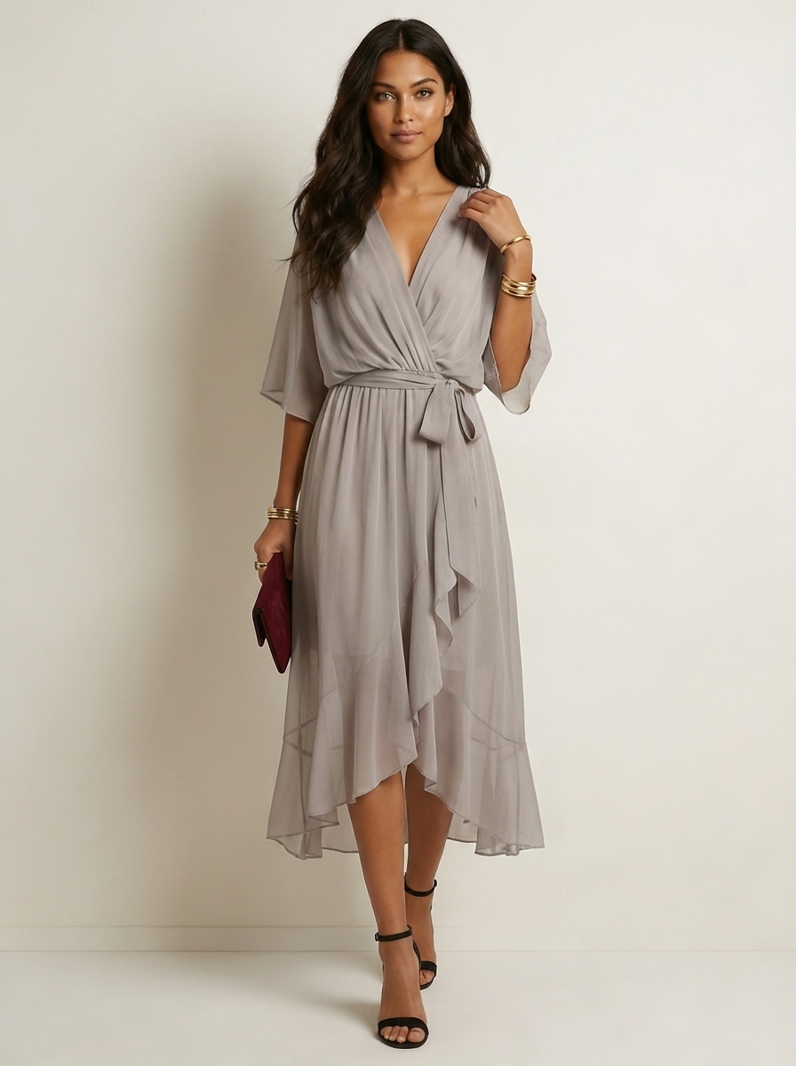 Women's Airy Midi Wrap Dress | Elegant Flowy V-Neck Evening Dress 3