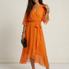 Women's Airy Midi Wrap Dress | Elegant Flowy V-Neck Evening Dress 4