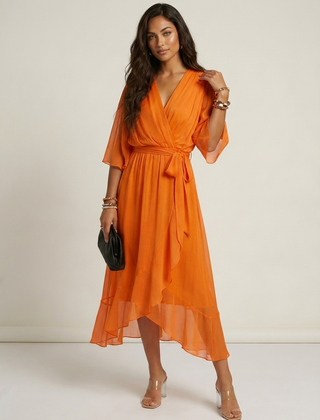 Women's Airy Midi Wrap Dress | Elegant Flowy V-Neck Evening Dress 4