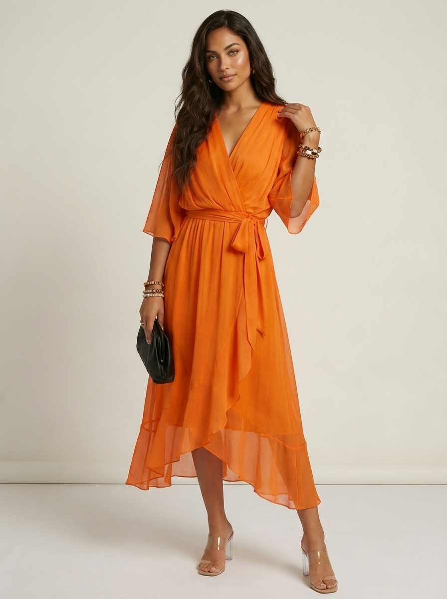 Women's Airy Midi Wrap Dress | Elegant Flowy V-Neck Evening Dress 4