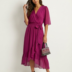 Women's Airy Midi Wrap Dress | Elegant Flowy V-Neck Evening Dress 6