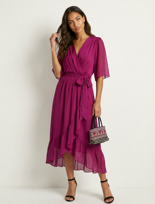 Women's Airy Midi Wrap Dress | Elegant Flowy V-Neck Evening Dress 6