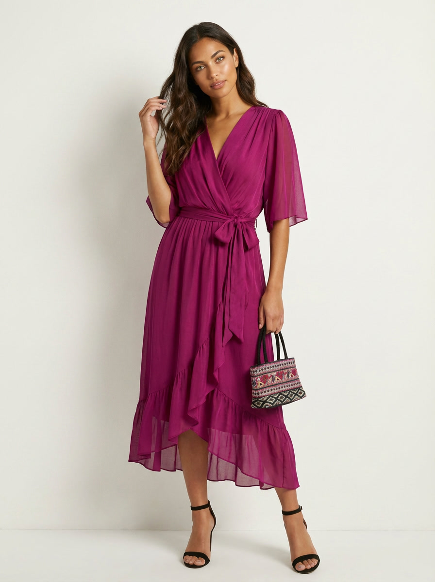 Women's Airy Midi Wrap Dress | Elegant Flowy V-Neck Evening Dress 6