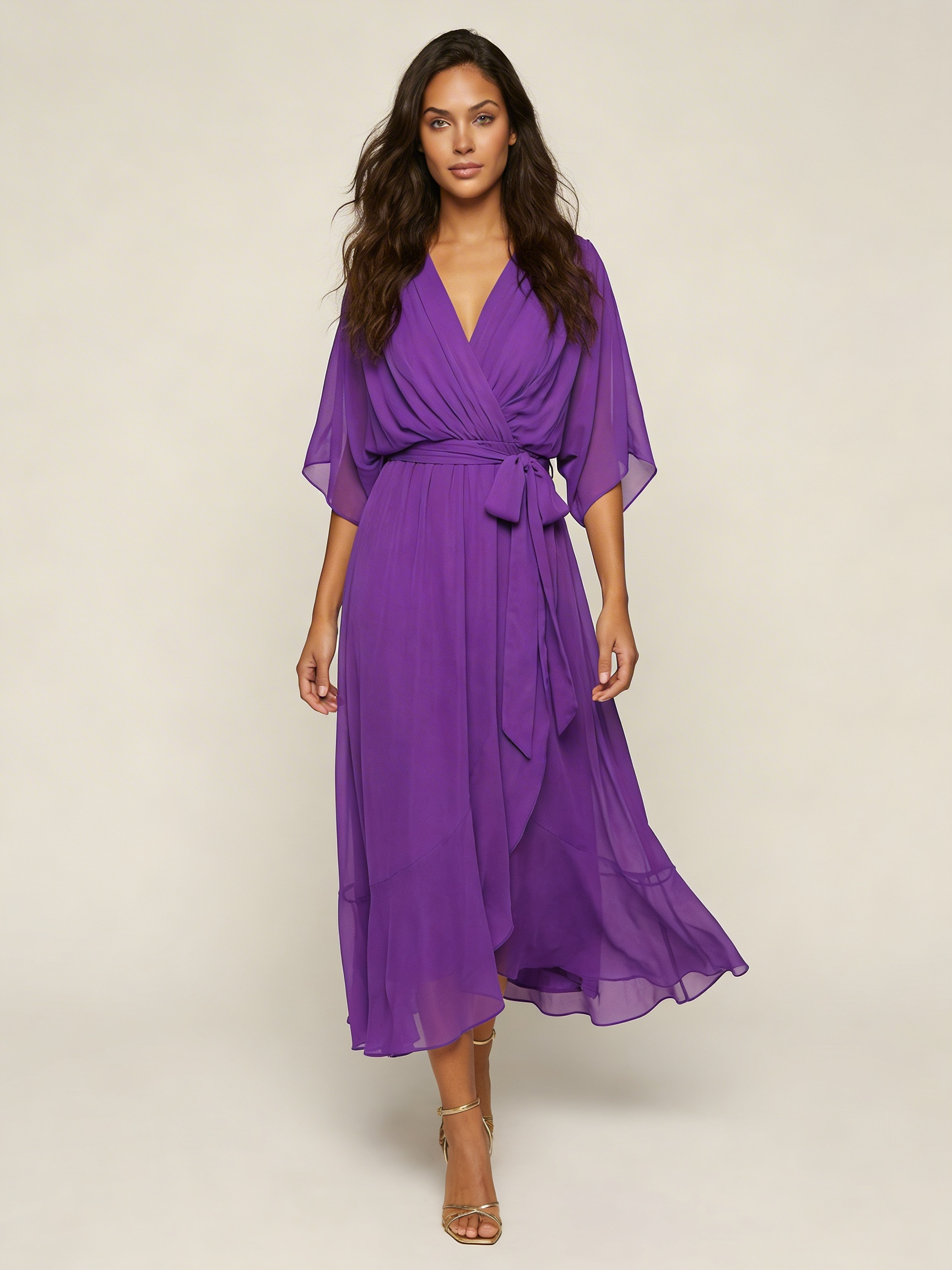 Women's Airy Midi Wrap Dress | Elegant Flowy V-Neck Evening Dress 8