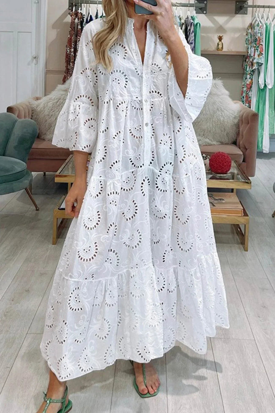 Women's Airy Openwork Maxi Dress | Elegant 3/4 Sleeve V-Neck Summer Gown 0