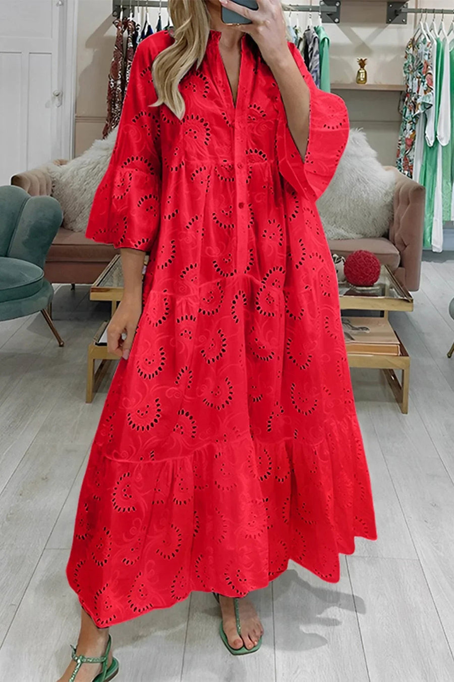 Women's Airy Openwork Maxi Dress | Elegant 3/4 Sleeve V-Neck Summer Gown 1