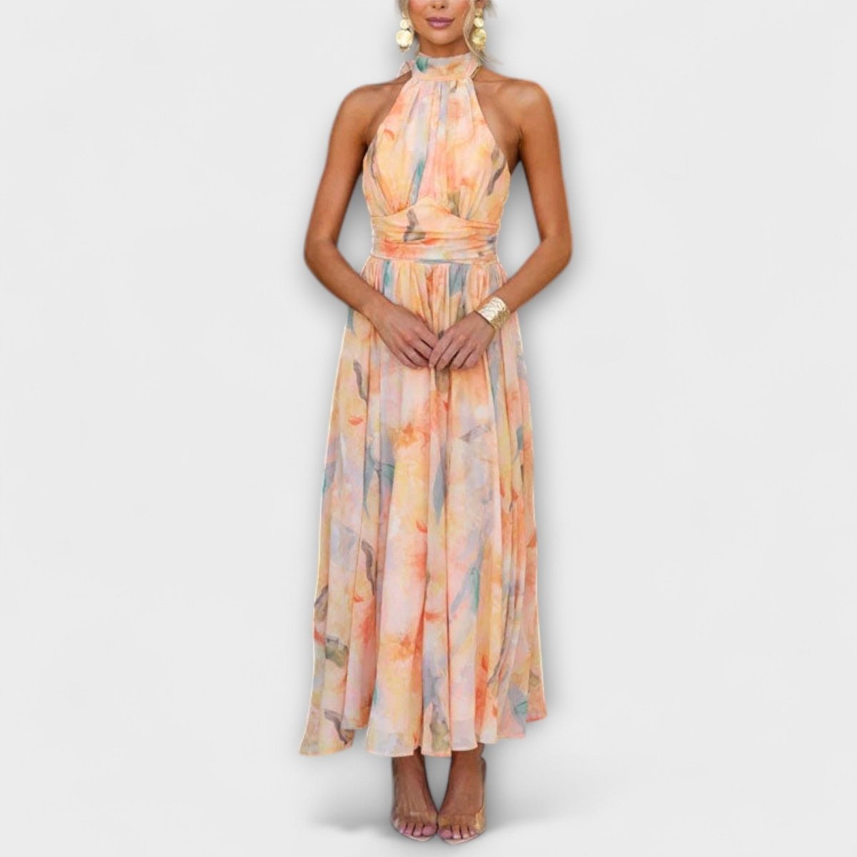 Women's Artistic Watercolor Maxi Dress | Elegant Long Sleeve Formal Gown 0