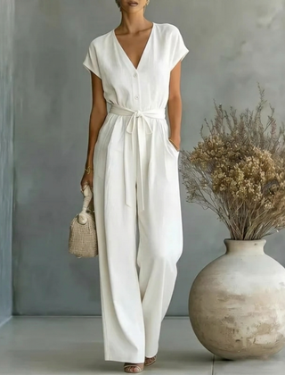Women's Black Wide Leg Jumpsuit | Elegant V-Neck Design with Self-Tie Waist Belt 0