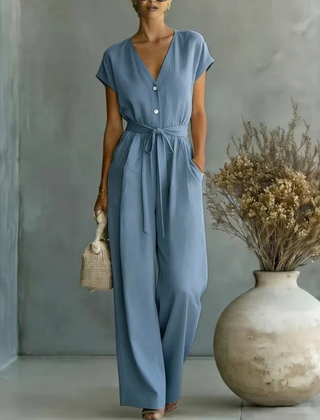 Women's Black Wide Leg Jumpsuit | Elegant V-Neck Design with Self-Tie Waist Belt 1