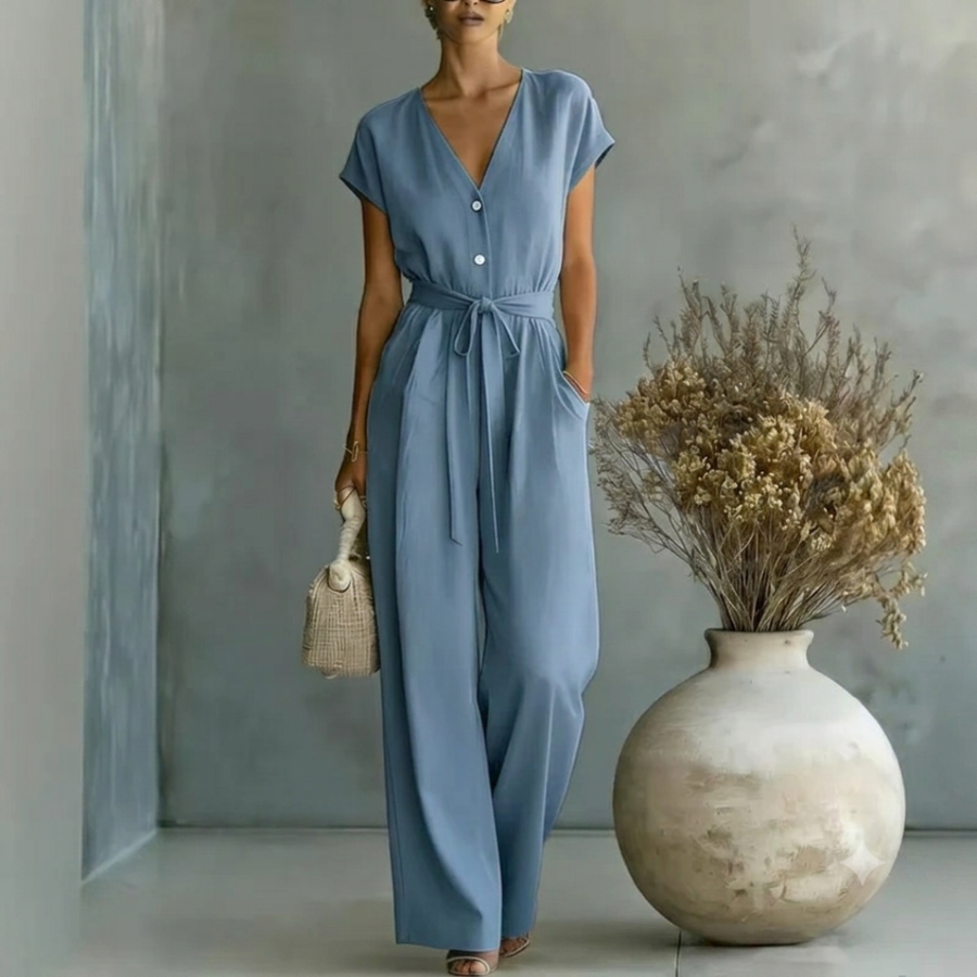 Women's Black Wide Leg Jumpsuit | Elegant V-Neck Design with Self-Tie Waist Belt 1