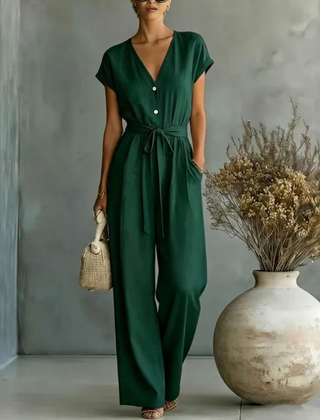 Women's Black Wide Leg Jumpsuit | Elegant V-Neck Design with Self-Tie Waist Belt 2