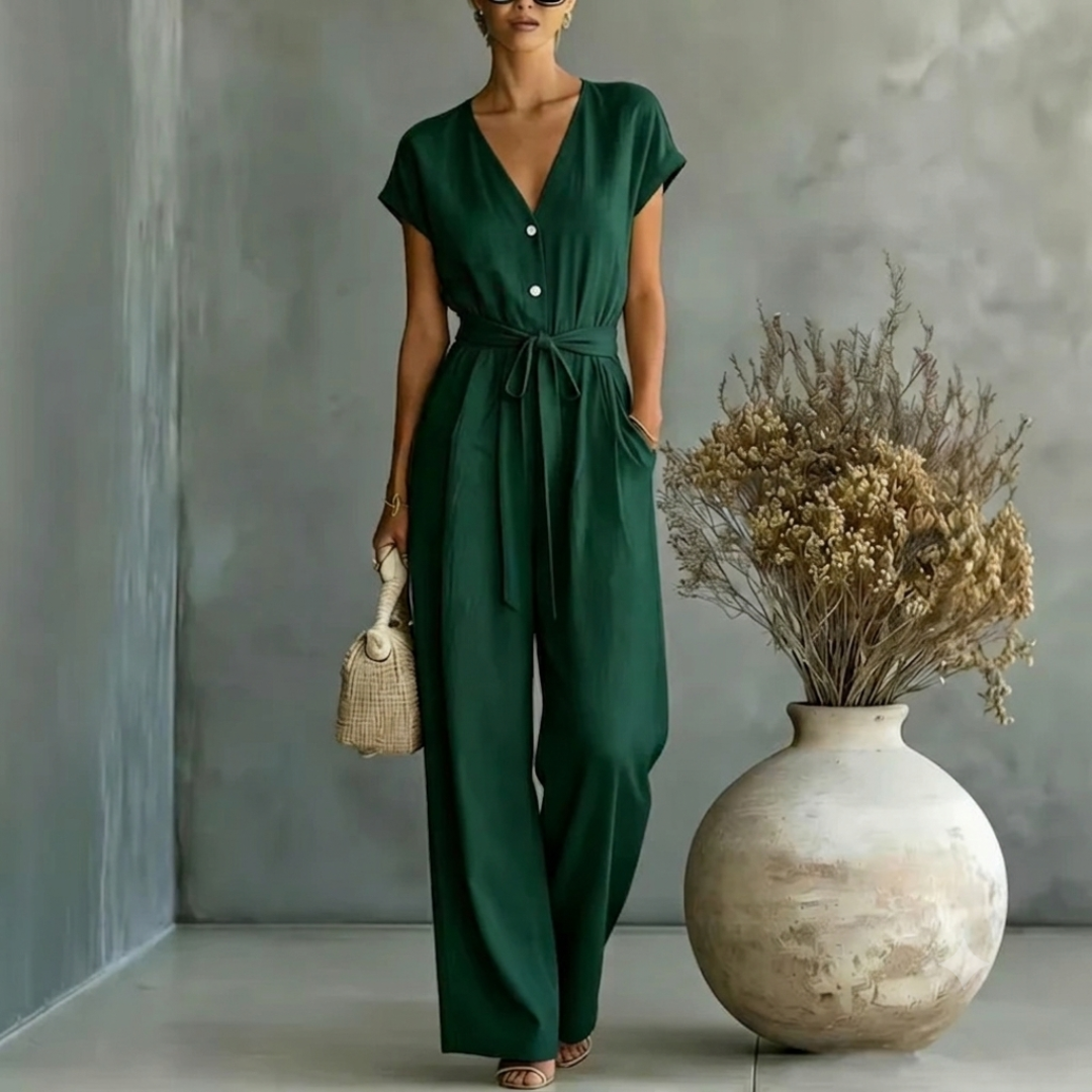 Women's Black Wide Leg Jumpsuit | Elegant V-Neck Design with Self-Tie Waist Belt 2
