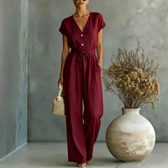 Women's Black Wide Leg Jumpsuit | Elegant V-Neck Design with Self-Tie Waist Belt 3