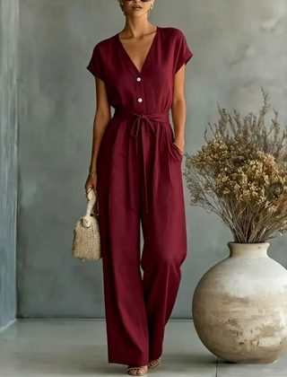 Women's Black Wide Leg Jumpsuit | Elegant V-Neck Design with Self-Tie Waist Belt 3