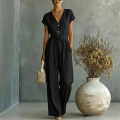 Women's Black Wide Leg Jumpsuit | Elegant V-Neck Design with Self-Tie Waist Belt 4