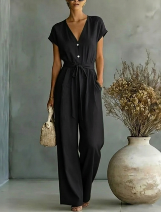 Women's Black Wide Leg Jumpsuit | Elegant V-Neck Design with Self-Tie Waist Belt 4