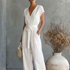 Women's Black Wide Leg Jumpsuit | Elegant V-Neck Design with Self-Tie Waist Belt 6