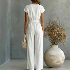 Women's Black Wide Leg Jumpsuit | Elegant V-Neck Design with Self-Tie Waist Belt 7