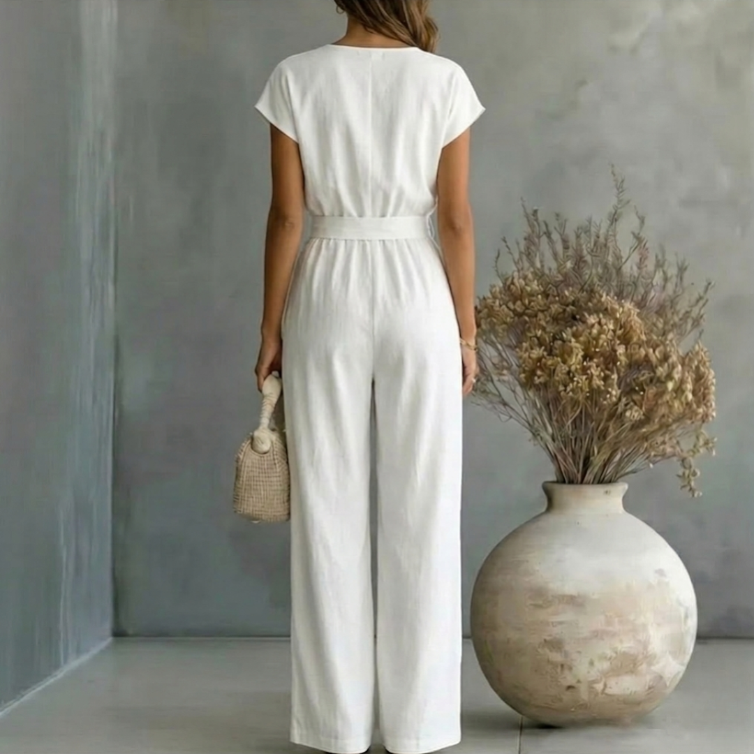 Women's Black Wide Leg Jumpsuit | Elegant V-Neck Design with Self-Tie Waist Belt 7