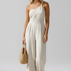 Women's Breathable Linen Jumpsuit | Elegant One-Shoulder Wide-Leg Summer Outfit 0