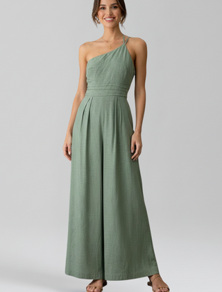 Women's Breathable Linen Jumpsuit | Elegant One-Shoulder Wide-Leg Summer Outfit 5