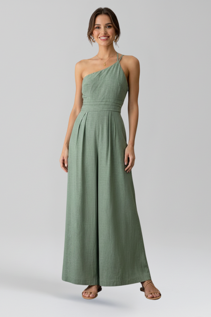 Women's Breathable Linen Jumpsuit | Elegant One-Shoulder Wide-Leg Summer Outfit 5
