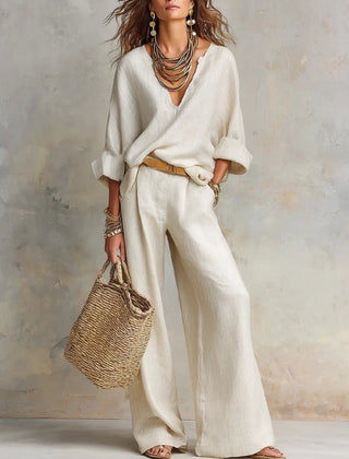 Women's Breathable Linen Loungewear Set | Elegant Relaxed V-Neck Top & Wide Leg Pants 0