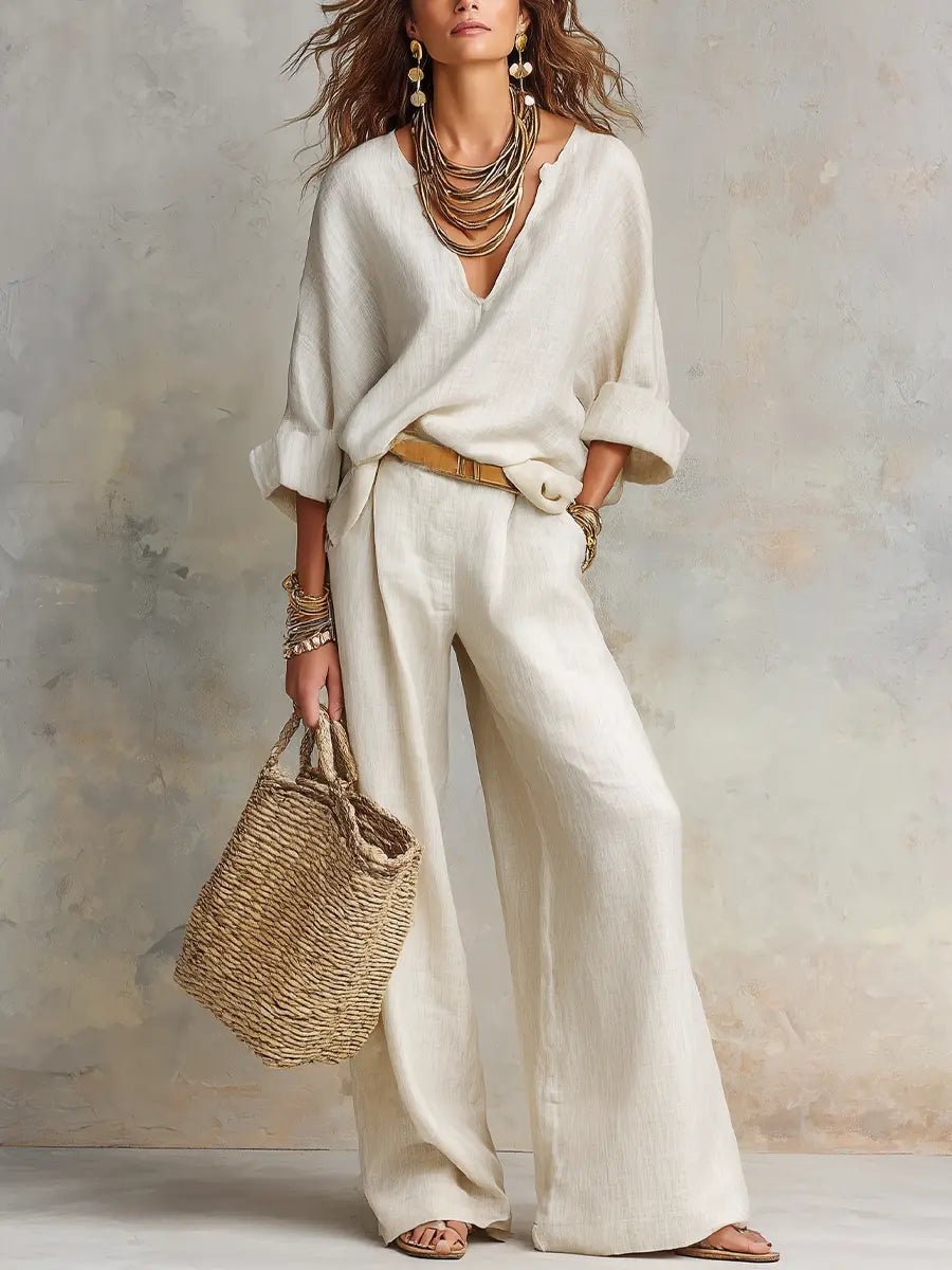 Women's Breathable Linen Loungewear Set | Elegant Relaxed V-Neck Top & Wide Leg Pants 0