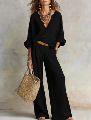 Women's Breathable Linen Loungewear Set | Elegant Relaxed V-Neck Top & Wide Leg Pants 1