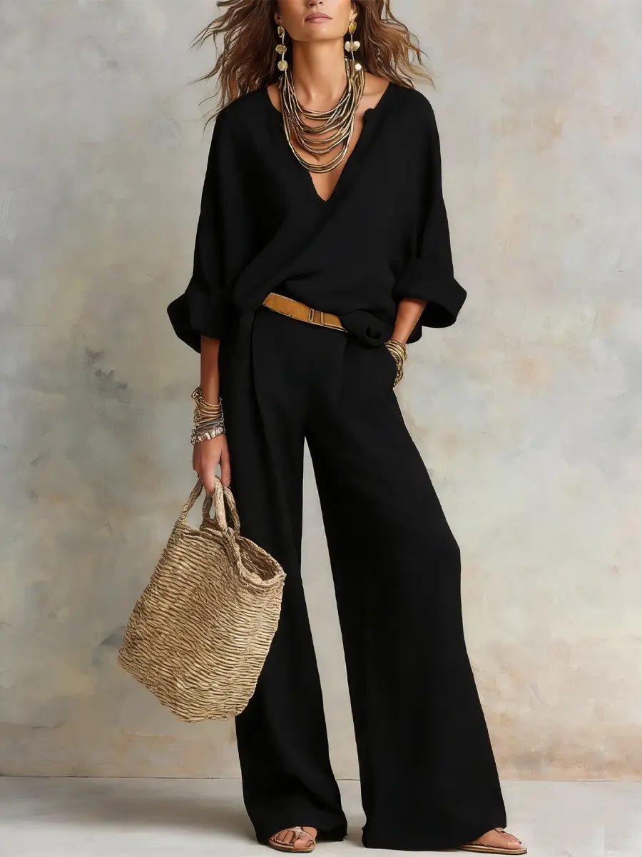 Women's Breathable Linen Loungewear Set | Elegant Relaxed V-Neck Top & Wide Leg Pants 1