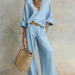 Women's Breathable Linen Loungewear Set | Elegant Relaxed V-Neck Top & Wide Leg Pants 2
