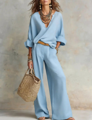 Women's Breathable Linen Loungewear Set | Elegant Relaxed V-Neck Top & Wide Leg Pants 2