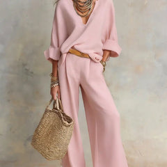 Women's Breathable Linen Loungewear Set | Elegant Relaxed V-Neck Top & Wide Leg Pants 3