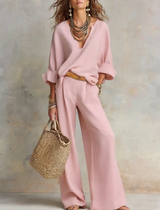 Women's Breathable Linen Loungewear Set | Elegant Relaxed V-Neck Top & Wide Leg Pants 3