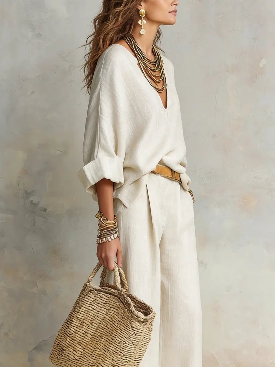 Women's Breathable Linen Loungewear Set | Elegant Relaxed V-Neck Top & Wide Leg Pants 4