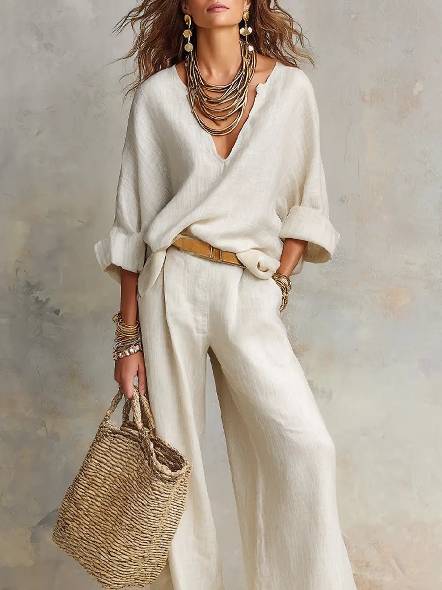 Women's Breathable Linen Loungewear Set | Elegant Relaxed V-Neck Top & Wide Leg Pants 5