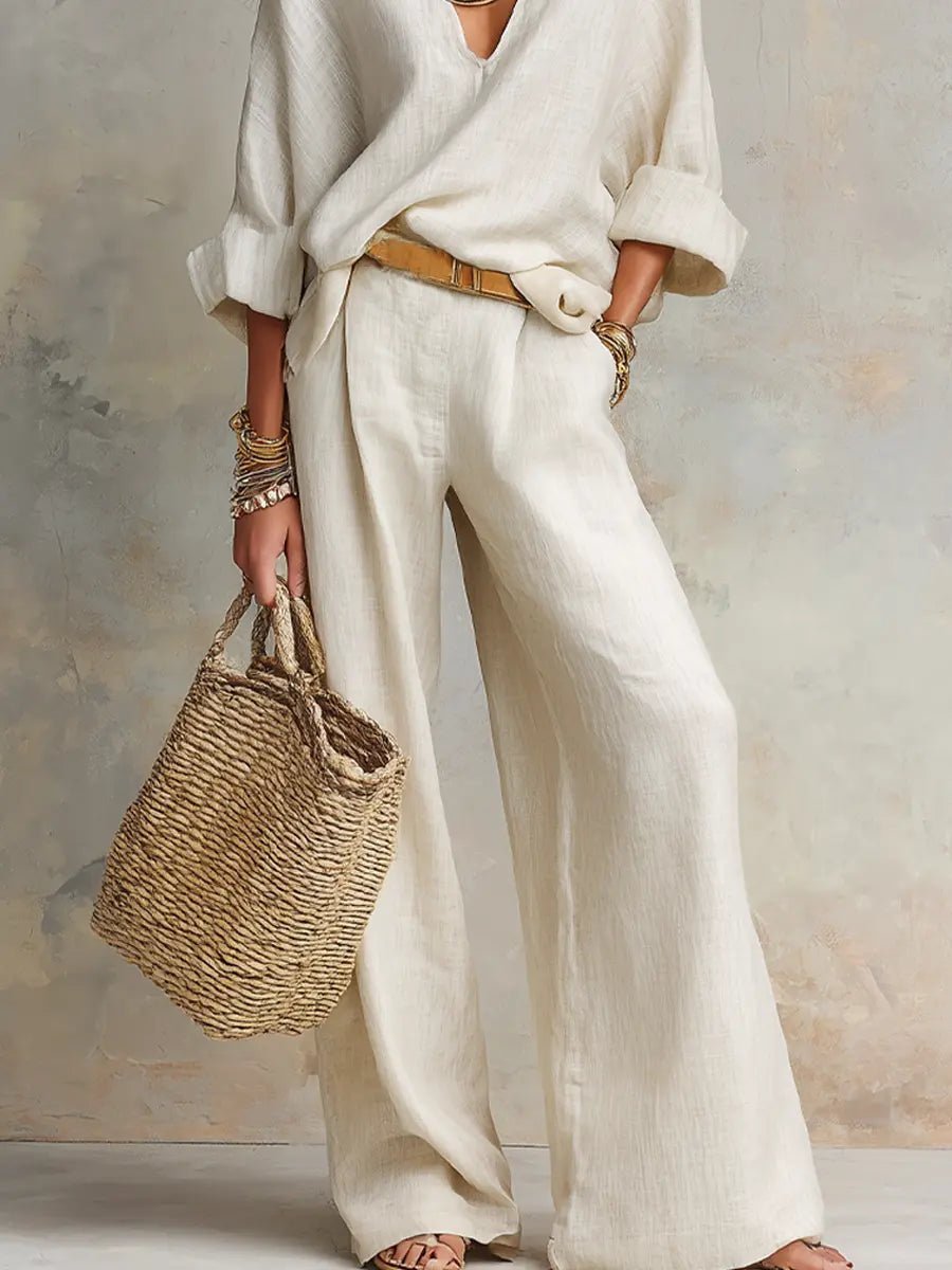 Women's Breathable Linen Loungewear Set | Elegant Relaxed V-Neck Top & Wide Leg Pants 6