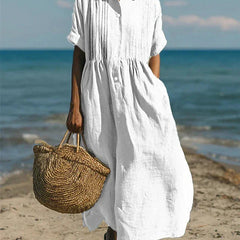 Women's Breathable Linen Maxi Dress | Elegant Pintuck Pleated Shirt Dress 0