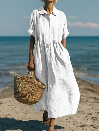 Women's Breathable Linen Maxi Dress | Elegant Pintuck Pleated Shirt Dress 0
