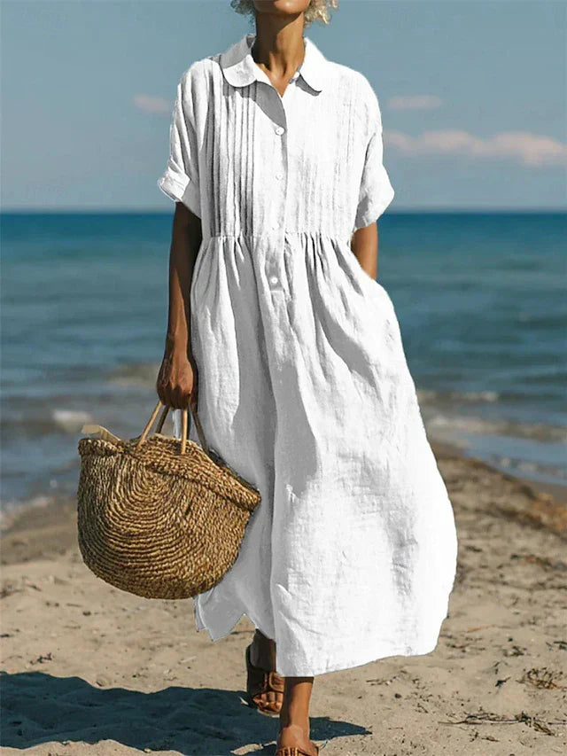 Women's Breathable Linen Maxi Dress | Elegant Pintuck Pleated Shirt Dress 0
