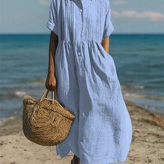 Women's Breathable Linen Maxi Dress | Elegant Pintuck Pleated Shirt Dress 1