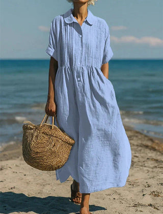 Women's Breathable Linen Maxi Dress | Elegant Pintuck Pleated Shirt Dress 1