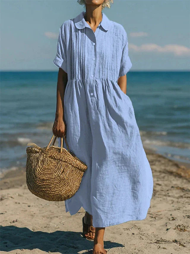 Women's Breathable Linen Maxi Dress | Elegant Pintuck Pleated Shirt Dress 1