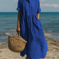 Women's Breathable Linen Maxi Dress | Elegant Pintuck Pleated Shirt Dress 2